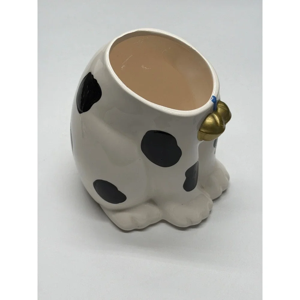 King Fong Pottery Corp Dog Planter‎ Pot Black Spots Gold Bow Blue Ribbon Base